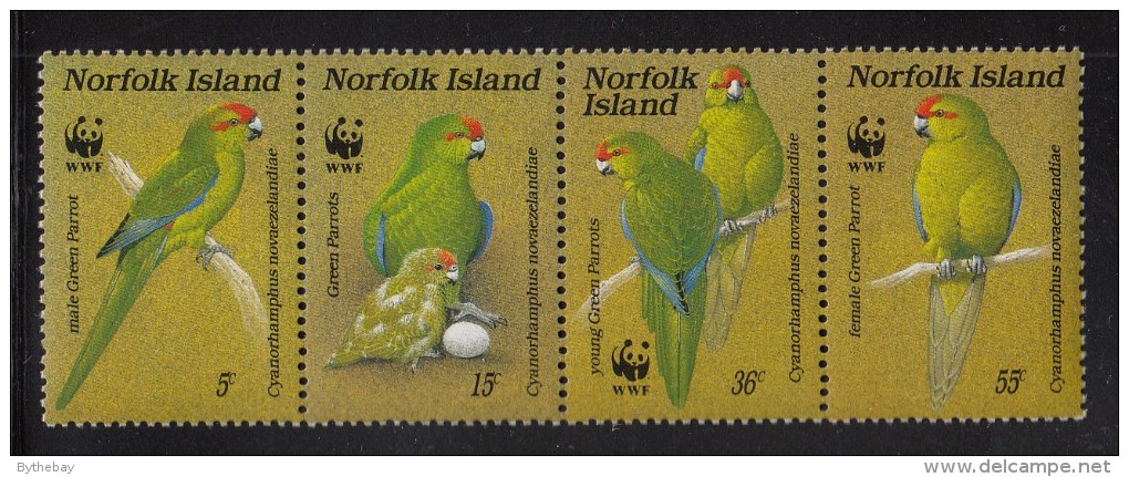 Norfolk Island MNH Scott #421 Strip Of 4 Different Green Parrot - World Wildlife Fund - Ile Norfolk