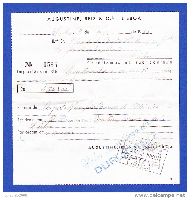 Portugal, Bank Deposit Document / Document Dépôt Bancaire - Banco Augustine, Reis, Lisboa, 1960 - Cheques & Traveler's Cheques