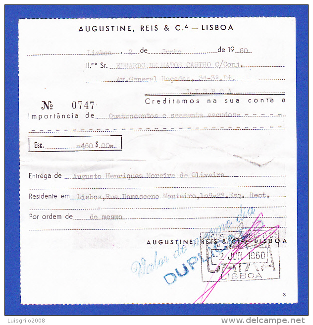 Portugal, Bank Deposit Document / Document Dépôt Bancaire - Banco Augustine, Reis, Lisboa, 1960 - Cheques & Traveler's Cheques