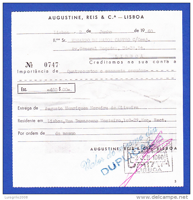 Portugal, Bank Deposit Document / Document Dépôt Bancaire - Banco Augustine, Reis, Lisboa, 1960 - Schecks  Und Reiseschecks