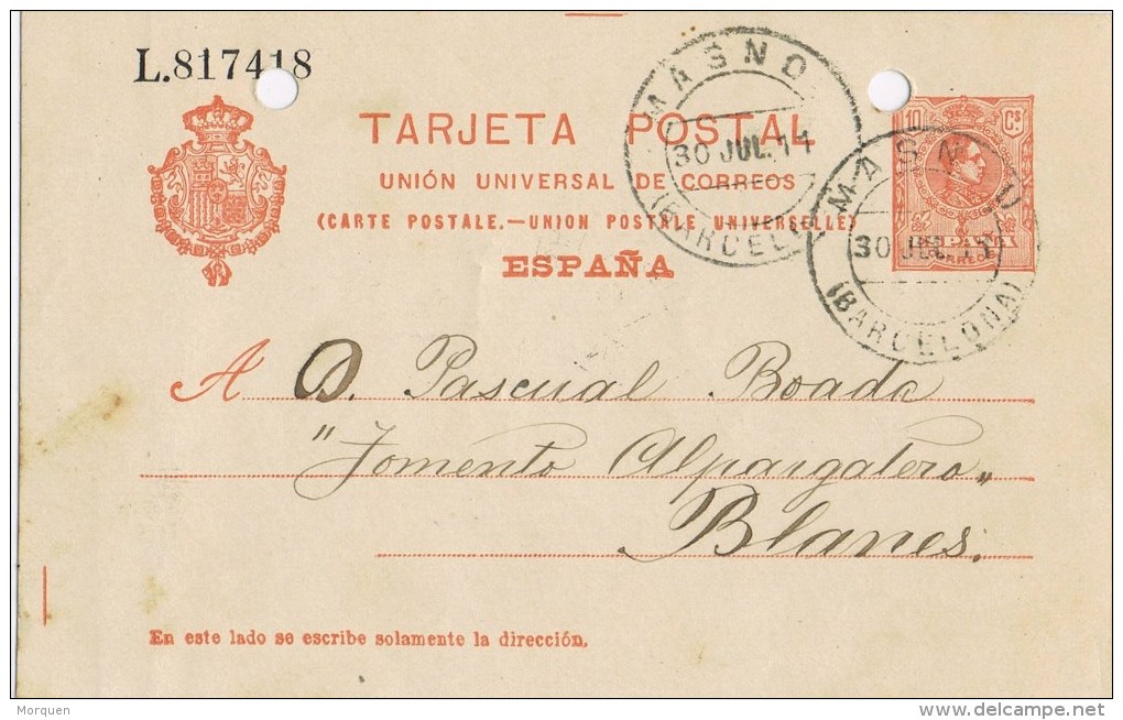 7431. Entero Postal MASNOU (Barcelona) 1911. Alfonso XIII Medallon - 1850-1931