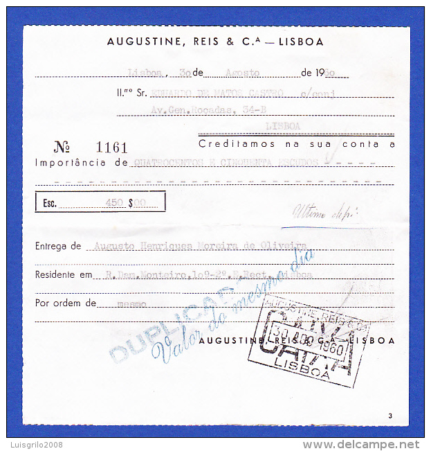 Portugal, Bank Deposit Document / Document Dépôt Bancaire - Banco Augustine, Reis, Lisboa, 1960 - Schecks  Und Reiseschecks
