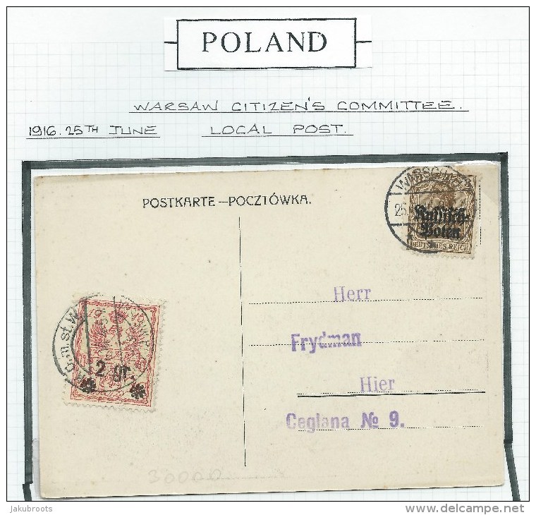 25.06.1916. ILLUSTRATED  POSTCARD. LOCAL CITY POST WARSAW.+ RUSSISH / POLEN  STAMP - Covers & Documents