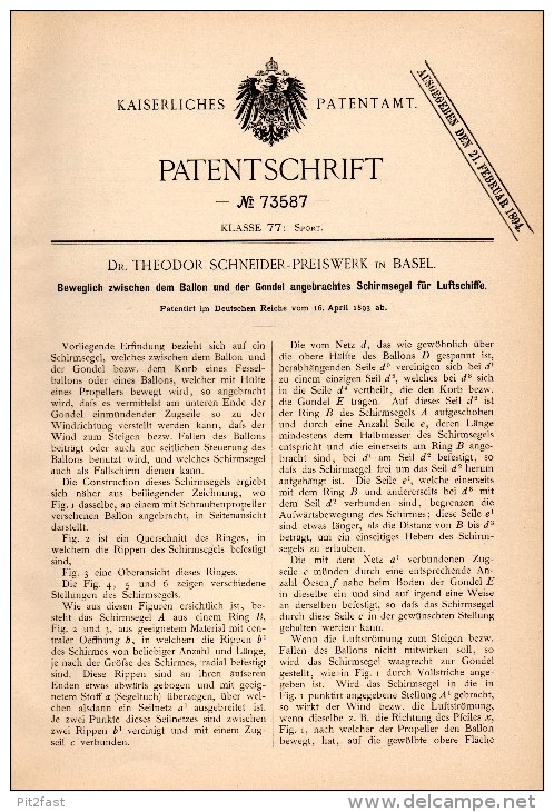 Original Patentschrift - Dr. Th. Schneider - Preiswerk In Basel , 1893 , Segel Für Luftschiffe , Ballon , Fesselballon - Aviation