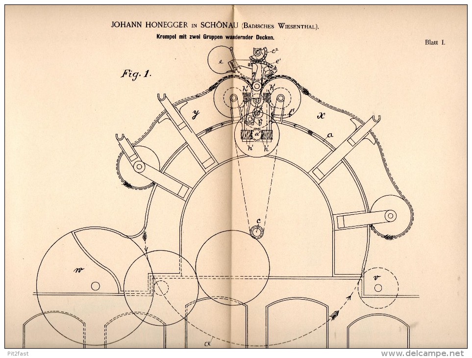 Original Patentschrift - Johann Honegger In Schönau B. Lörrach , 1890 , Krempel Für Spinnerei , Spinnrad !!! - Historical Documents