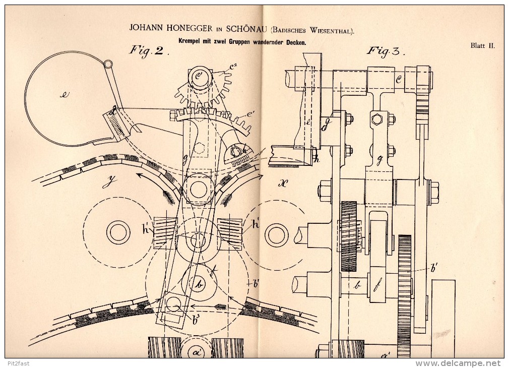 Original Patentschrift - Johann Honegger In Schönau B. Lörrach , 1890 , Krempel Für Spinnerei , Spinnrad !!! - Historical Documents