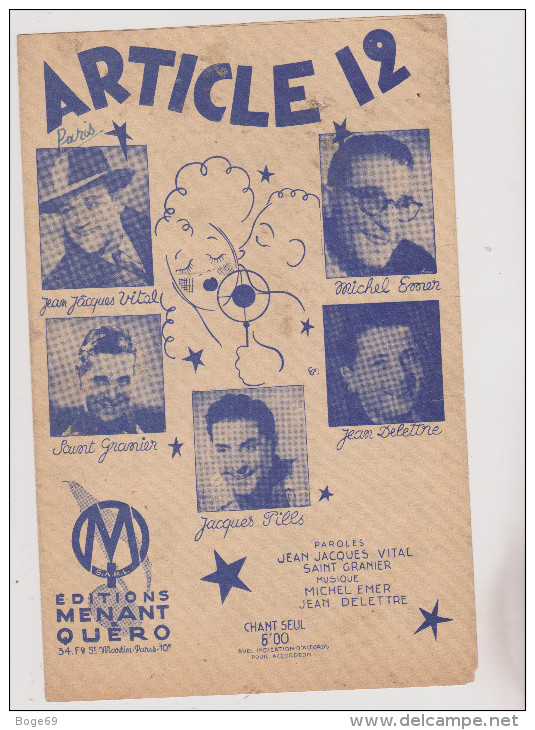 (w)article 12 ; JACQUES PILLS , MICHEL EMER , JEAN DELETTRE , SAINT GRANIER , JEAN JACQUES VITAL - Partituras