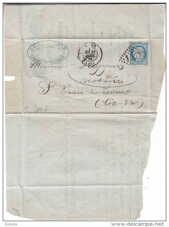 Cérès - France - Lettre De 1872 - Oblitération Dijon - Mécanique - 1871-1875 Ceres