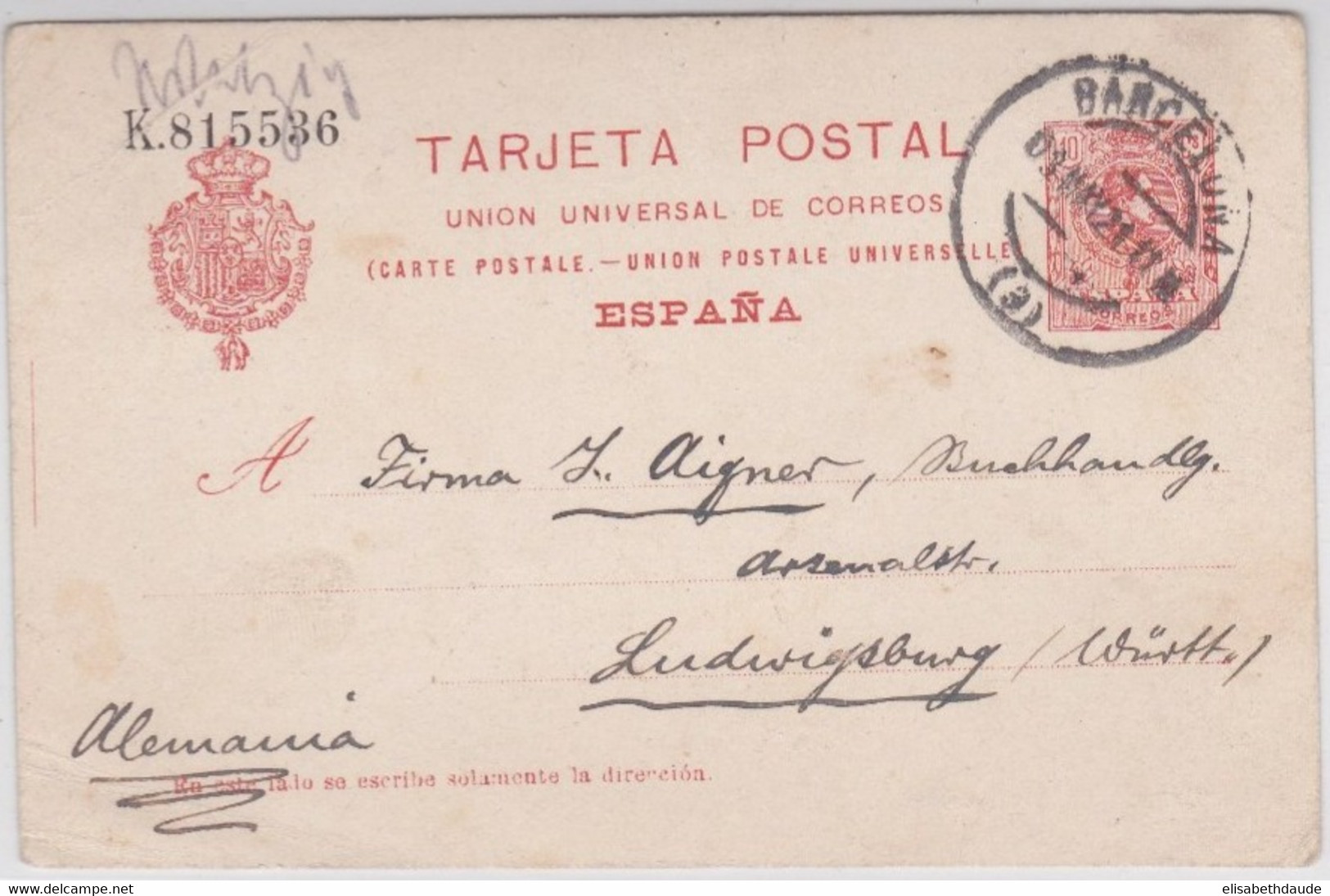 ESPAGNE - 1921 - CARTE ENTIER POSTAL De BARCELONA Pour LUDWIGSBURG - 1850-1931