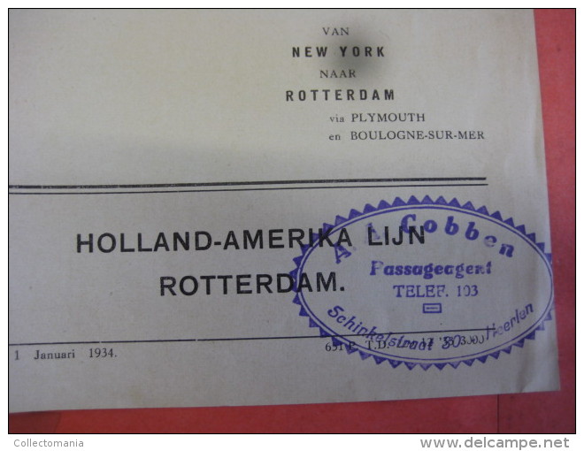 Holland Amerika Lijn - Nederlands Amerikaanse Stoomvaart Maatschappij - N.A.S.M. - New York  1934 Tarief Toeristenklasse - Netherlands