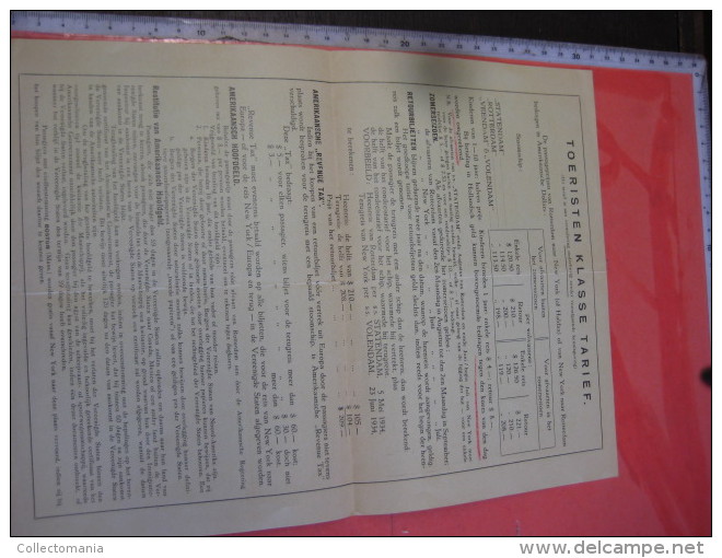 Holland Amerika Lijn - Nederlands Amerikaanse Stoomvaart Maatschappij - N.A.S.M. - New York  1934 Tarief Toeristenklasse - Netherlands