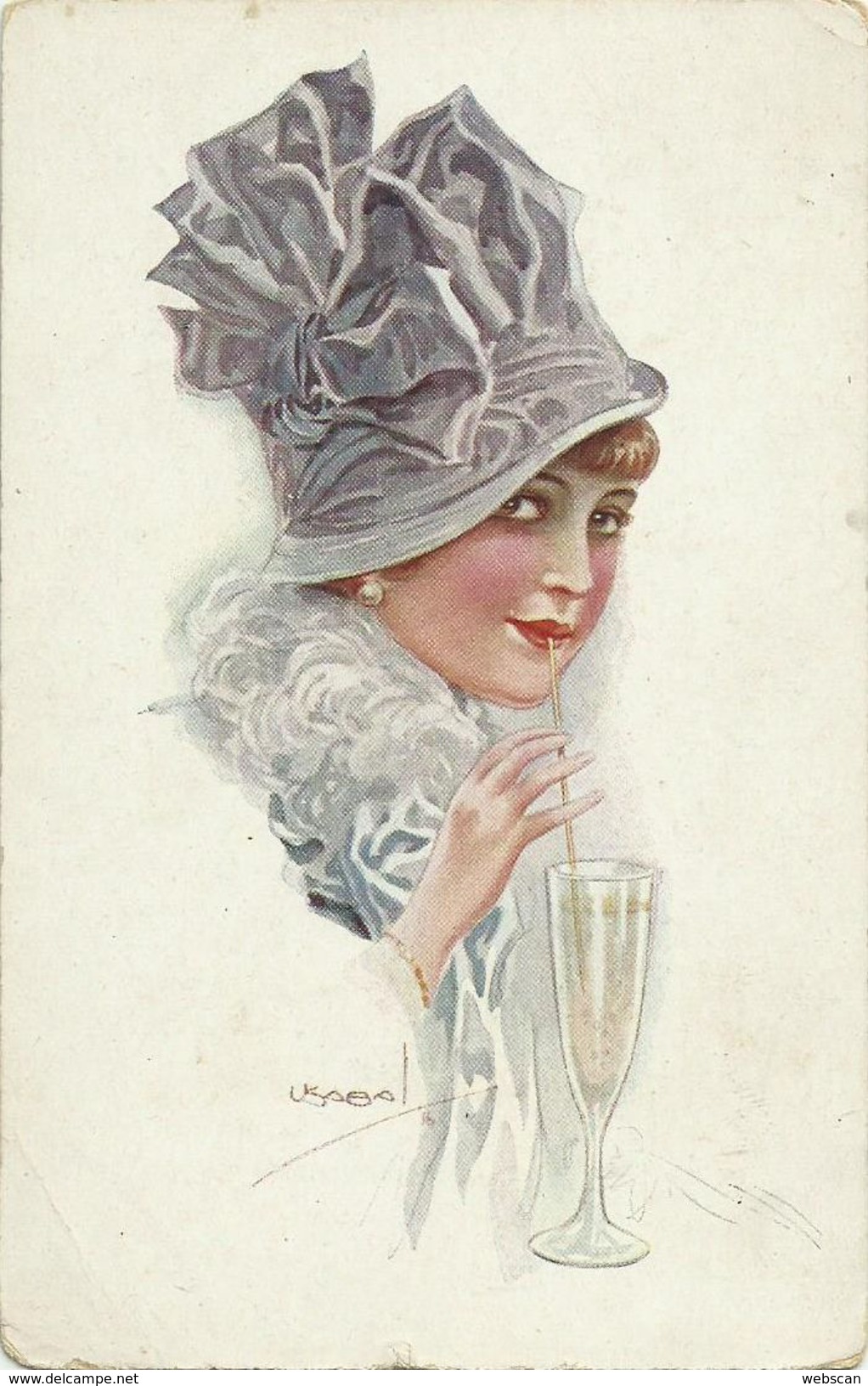 AK Frau Dame Mode Hut Sektglas Usabal 1918 Farblitho Feldpost K&k #113 - Usabal
