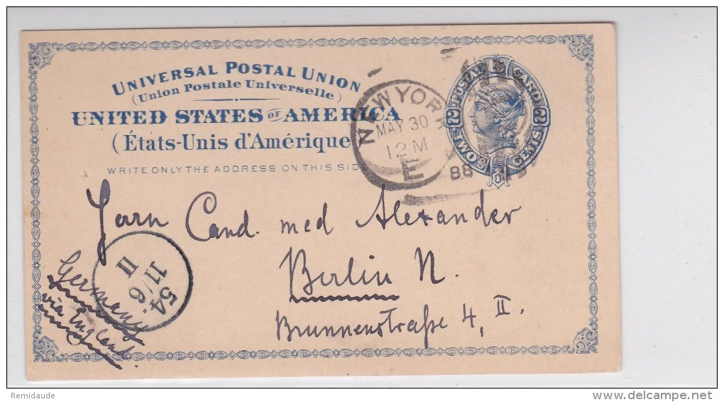 USA - 1888 - CARTE ENTIER POSTAL De NEW YORK Pour BERLIN - ...-1900