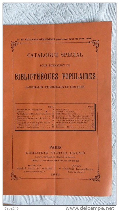 CATALOGUE POUR FORMATION BIBLIOTHEQUES POPULAIRES CANTONALES PAROISSIALES ET SCOLAIRES 1889 - Publicidad