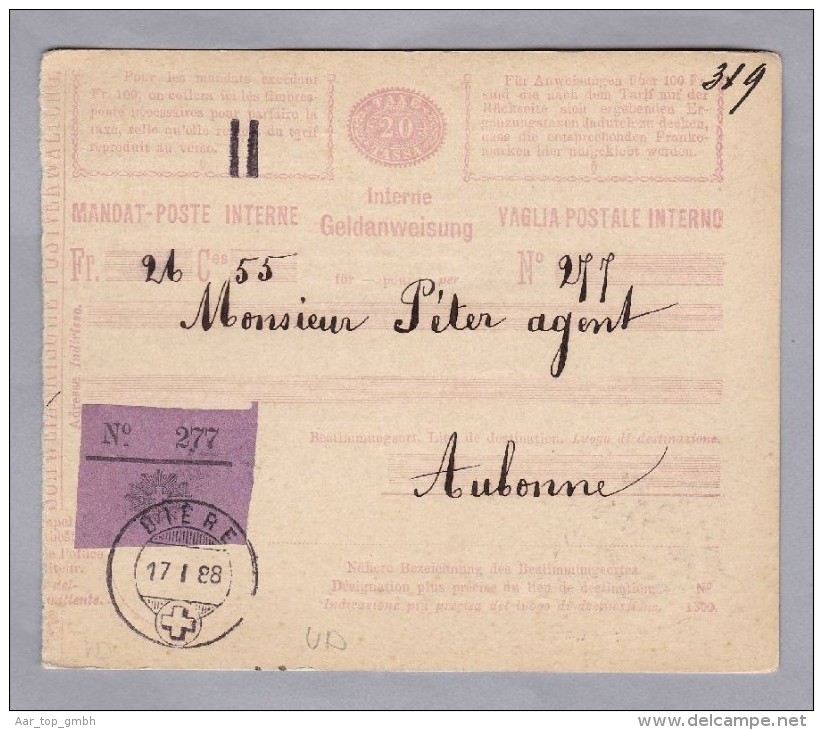 Heimat VD BIERE 1888-01-17 Geldanweisung Nach Aubonne - Brieven En Documenten