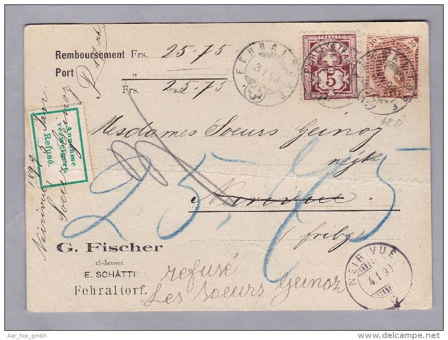 Heimat ZH FEHRALTORF 1899-01-03 Nachnahme Nach NEIRIVUE 30+5 Rp. - Lettres & Documents