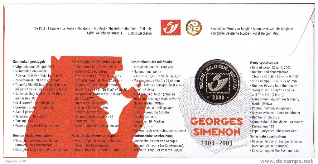 60011j Numisletter FDC COB 3167 3168 Georges Simenon 26-04-2003 4000 Liège - Numisletter