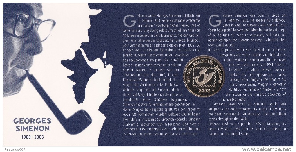 60011j Numisletter FDC COB 3167 3168 Georges Simenon 26-04-2003 4000 Liège - Numisletters