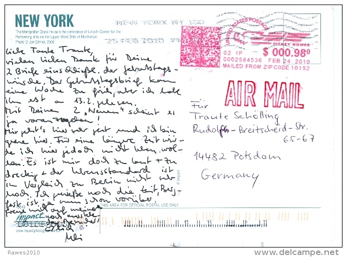 USA New York TGST 2010 Pitney Bowes ZIP Code Luftpost Nach Deutschland - Postal History