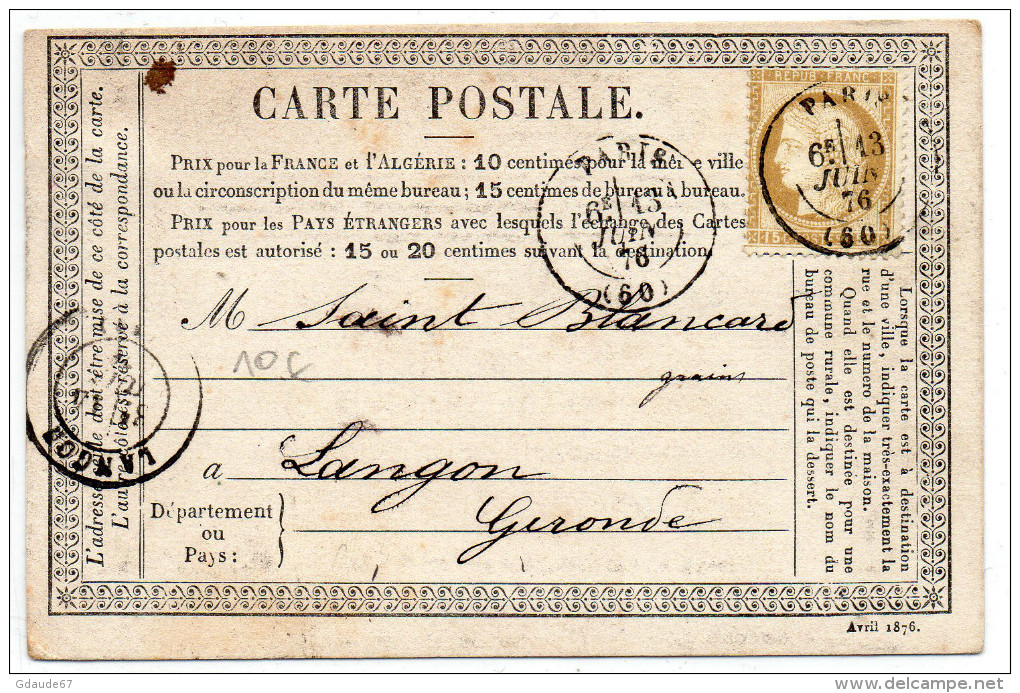 1876 - CARTE PRECURSEUR DATEE "AVRIL 1876" De PARIS Avec CACHET OBLITERANT Le CERES 15c - Tarjetas Precursoras