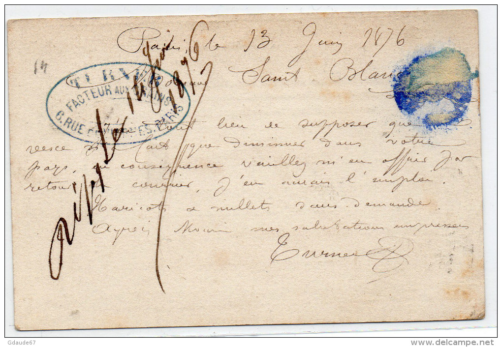 1876 - CARTE PRECURSEUR DATEE "AVRIL 1876" De PARIS Avec CACHET OBLITERANT Le CERES 15c - Tarjetas Precursoras