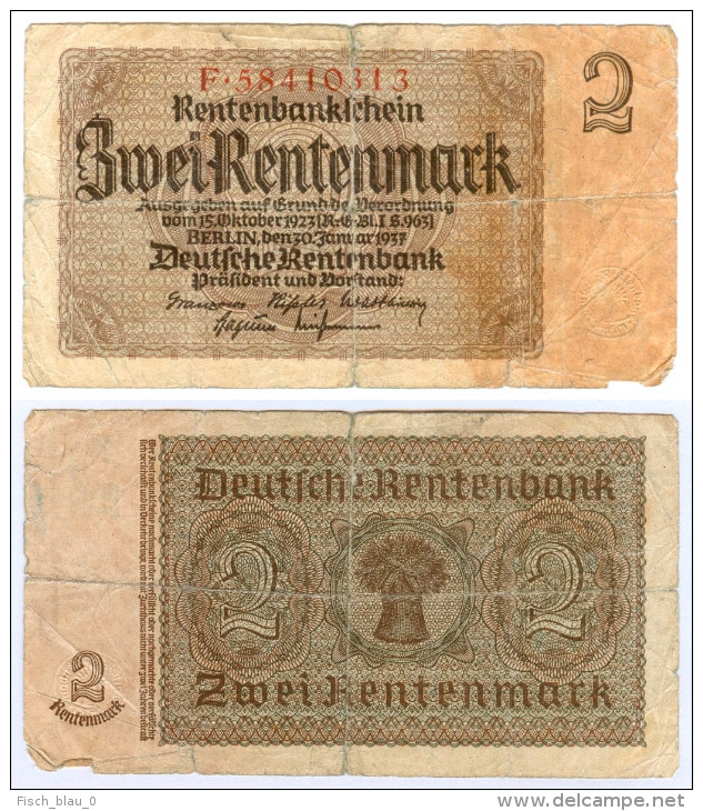 Banknote 2 Rentenmark Rentenbankschein 1937 Note Geldschein Deutsches Reich Geld Mark GERMANY Papiergeld Money - Sonstige & Ohne Zuordnung