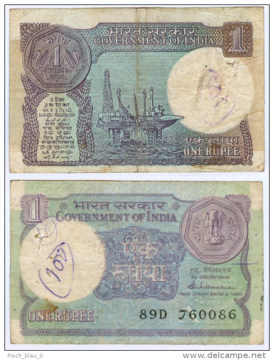 Banknote 1 Indische Rupie Indien India Rupee IR Re Rs Rupien Rupees Geldschein Papiergeld Paper Money Geld Schein - Indien