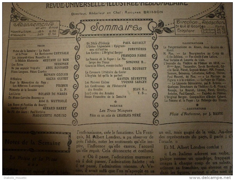 1919 :Alsace-Lorraine;HANSI; Haguenau; Odéon Et Incendie; Origines Du Pantalon Rouge; VERLAINE; Oeuvre Du Vieux Vêtement - Autres & Non Classés