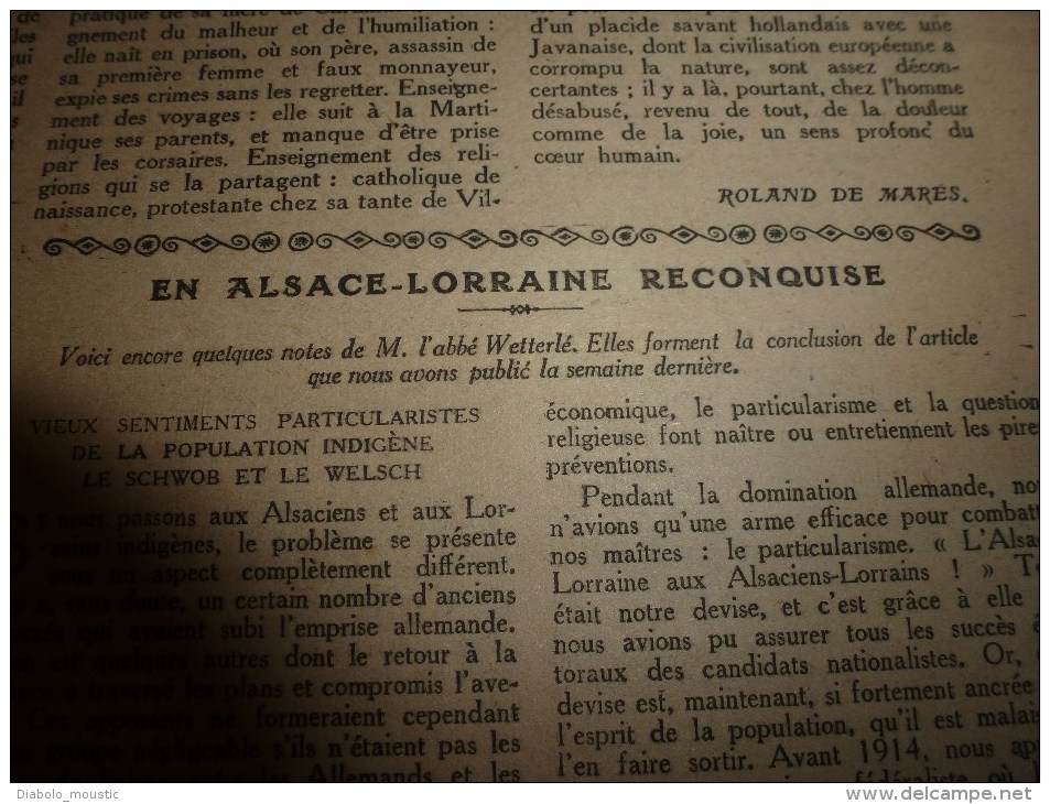 1919 :Alsace-Lorraine;HANSI; Haguenau; Odéon et incendie; Origines du pantalon rouge; VERLAINE; Oeuvre du Vieux vêtement