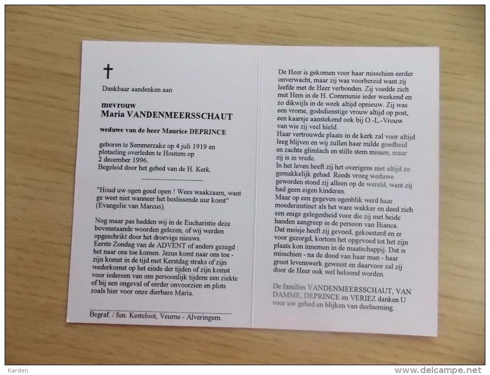 Doodsprentje Maria Vandenmeersschaut Semmersake 4/7/1919 Houtem 2/12/1996 ( Maurice Deprince ) - Religion & Esotericism