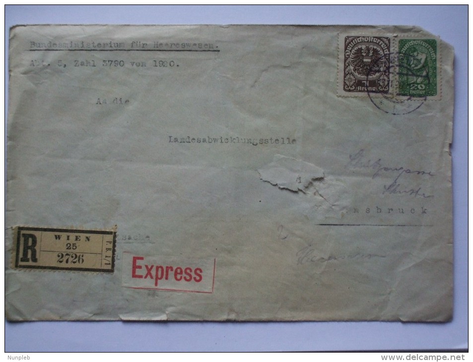 AUSTRIA 1920 REGISTERED EINSCHREIBEN EXPRESS COVER WIEN TO INNSBRUCK - Covers & Documents