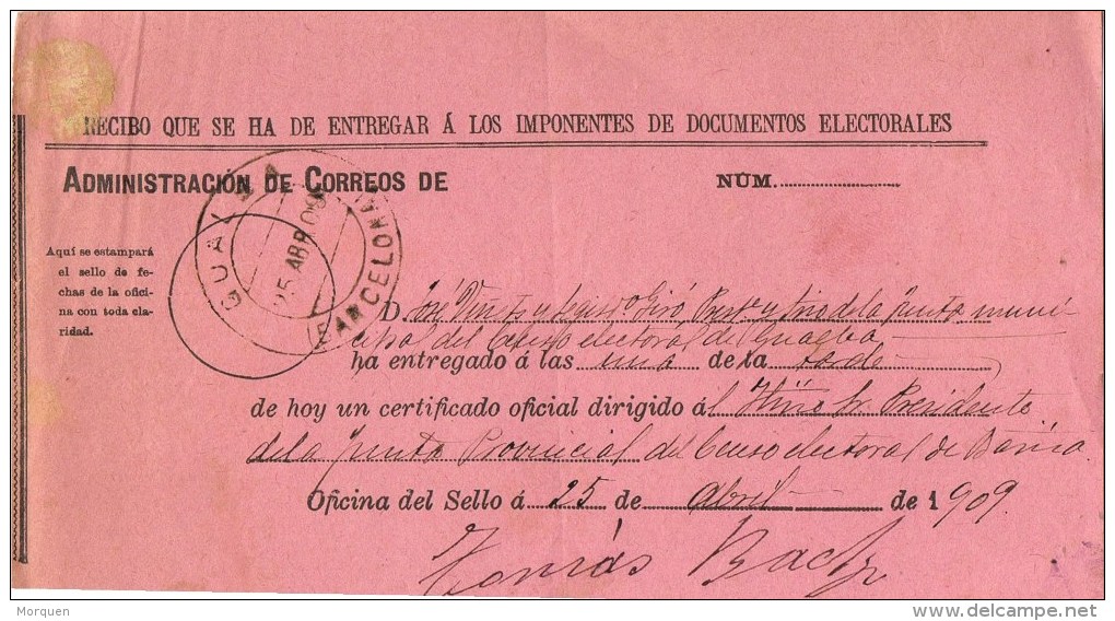 7444. Resguardo Certificado GUALBA (Barcelona) 1909 - Cartas & Documentos