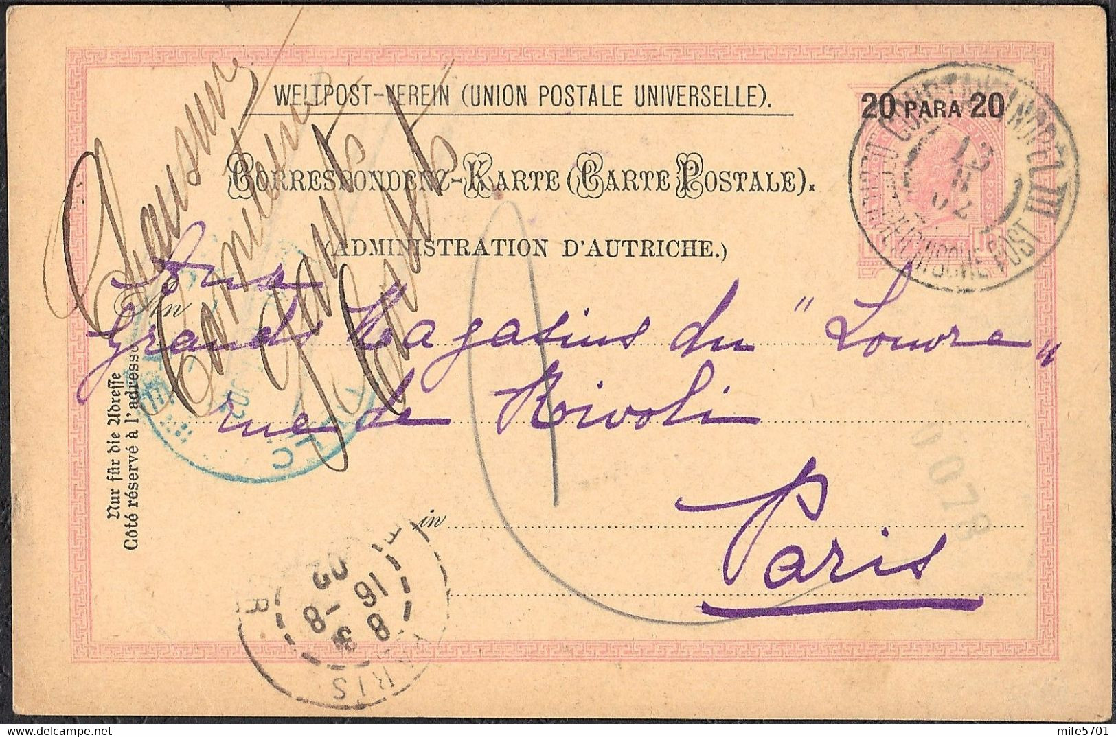 AUSTRIA / LEVANTE AUSTRIACO - GANZSACHEN / INTERO POSTALE 20 Para DA COSTANTINOPEL III A PARIS 13.8.1902 - MICHEL P14b - Levant Autrichien