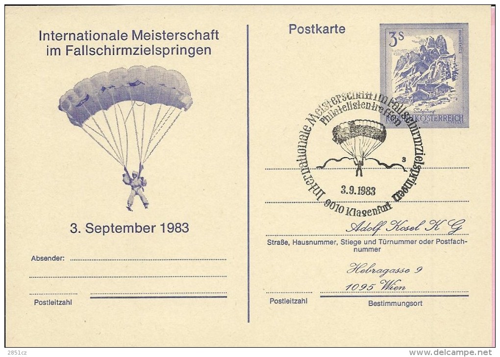 International Championship In Parachute Jumping Target, Klasenfurt, 3.9.1983., Austria, Carte Postale - Paracadutismo