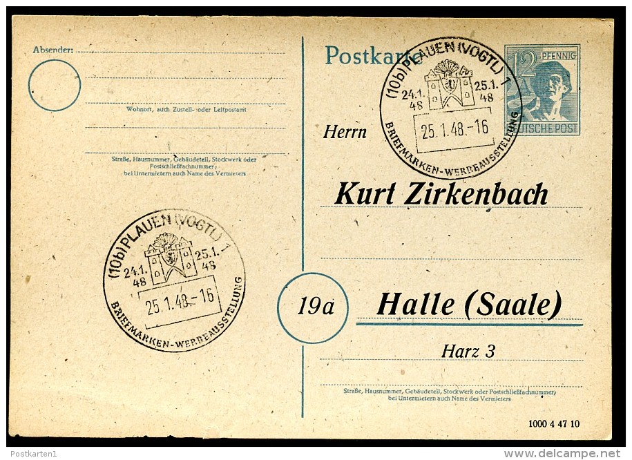 Postkarte P962/02 ZUDRUCK Zirkenbach Halle Sost. Ausstellung Plauen 1948  Kat. 5,00 € - Postal  Stationery