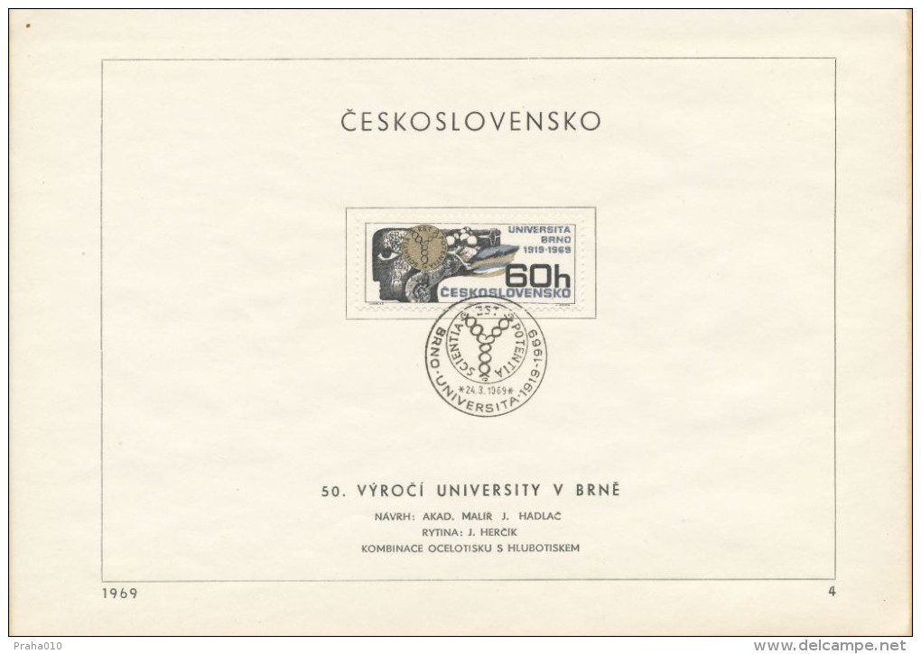 Czechoslovakia / First Day Sheet (1969/04) Brno: 50th Anniversary Of The University In Brno (1919-1969) - Fossilien