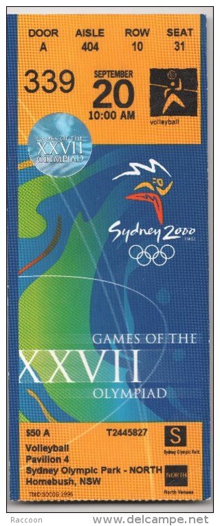 Jeux Olympiques Sydney 2000 - Billet Officiel D'admission Aux épreuves De Volleyball - Autres & Non Classés