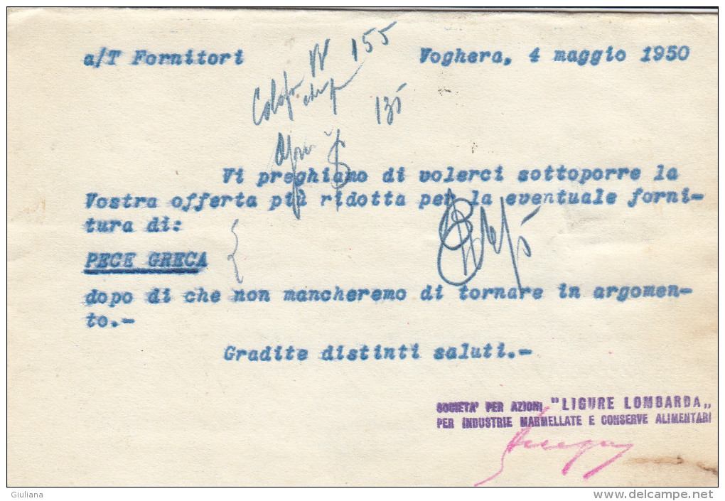 S.P.A. Ligure Lombarda-Stab. Voghera (PV) Offerta D'ordine Del 4/5/1950 - Italia