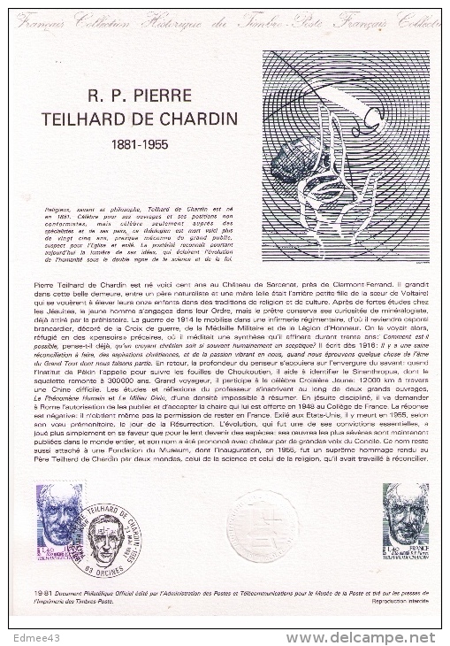 Lot De 3 Documents Philatéliques Premier Jour, R. P. Pierre Teilhard De Chardin (1881-1955), 1981 - Theologen