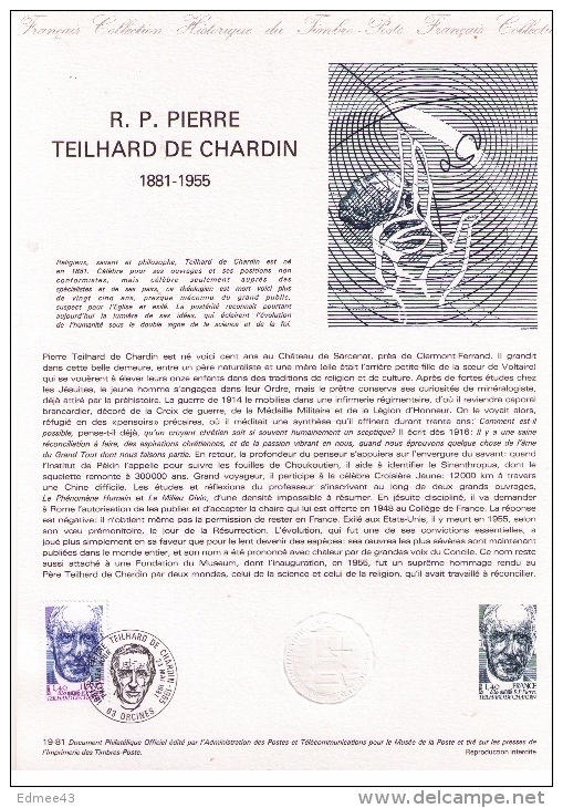 Lot De 3 Documents Philatéliques Premier Jour, R. P. Pierre Teilhard De Chardin (1881-1955), 1981 - Teología