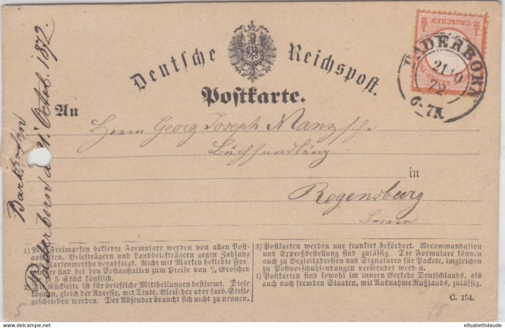 EMPIRE - 1872 - AIGLE PETIT ECUSSON Sur CARTE POSTALE De PADERBORN Pour REGENSBURG - Covers & Documents