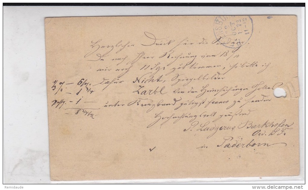 EMPIRE - 1872 - AIGLE PETIT ECUSSON Sur CARTE POSTALE De PADERBORN Pour REGENSBURG - Briefe U. Dokumente