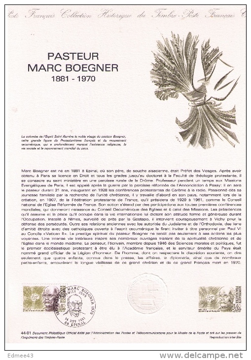 3 Documents Philatéliques Officiel Premier Jour, Pasteur Marc Boegner (1881-1970), Épinal, 1981 - Théologiens