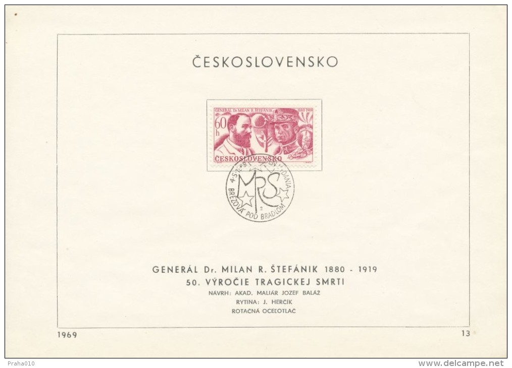 Czechoslovakia / First Day Sheet (1969/13) Brezova Pod Bradlom (2): General Milan Rastislav Stefanik (1880-1919) - 1. Weltkrieg