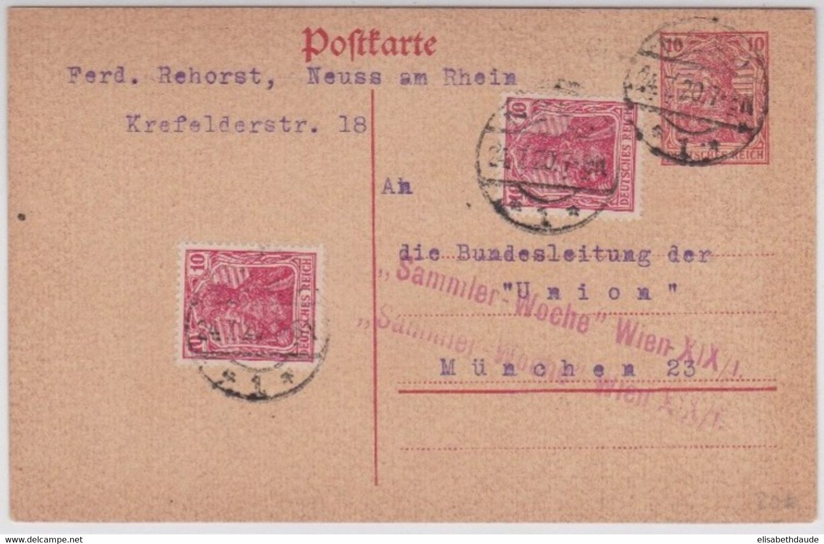 1920 - CARTE ENTIER GERMANIA De NEUSS Pour MÜNCHEN Avec MARQUE "SAMMLER-WOCHE WIEN" (SEMAINE Des COLLECTIONNEURS à VIENN - Tarjetas