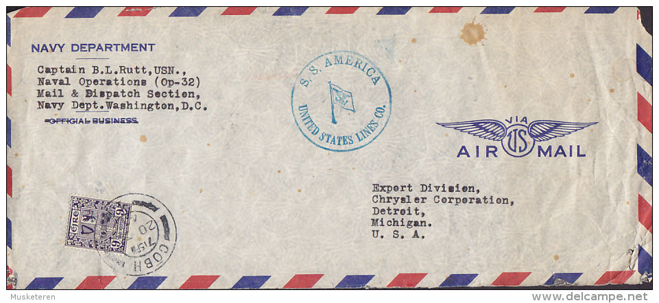 Ireland Via US Airmail COBH 194? Cover Brief NAVY DEPARTMENT Purple "S.S. SMERICA" UNITED STATES LINES Co. - Lettres & Documents