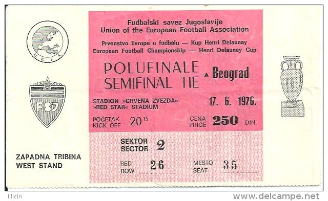 Sport Match Ticket (Football / Soccer) - ½ Finale European Championship Henri Delaunay Cup (Belgrade) 1976-06-17 - Tickets - Entradas