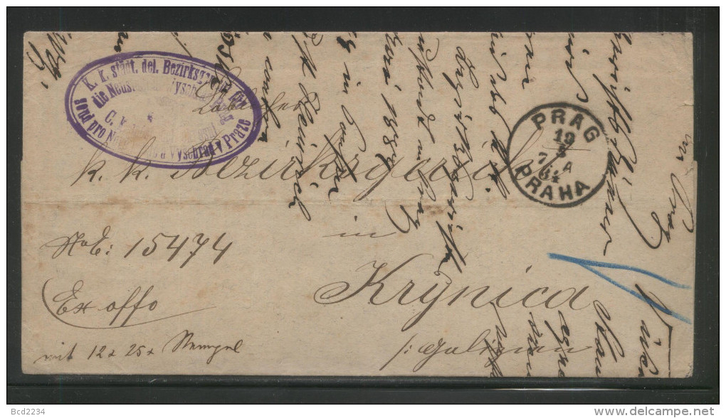 CZECHOSLOVAKIA 1884 AUSTRIAN PARTITION ZONE STAMPLESS LETTER PRAGUE TO KRYNICA IN POLAND - ...-1918 Voorfilatelie