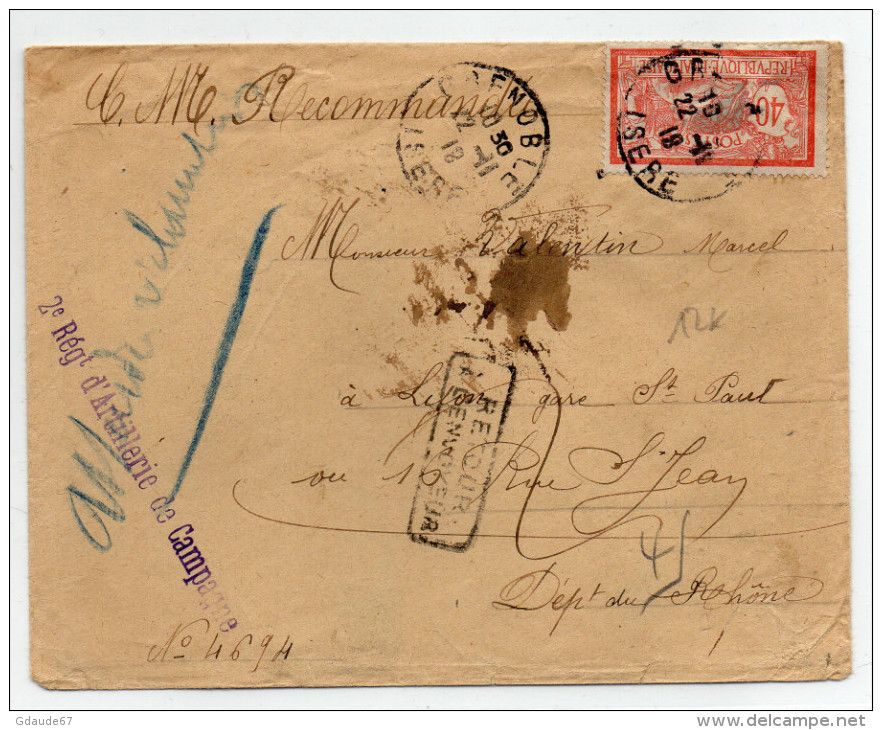 1918 - ENVELOPPE RECOMMANDEE De GRENOBLE (ISERE) Avec CACHET MILITAIRE "2° RGT ARTILLERIE DE CAMPAGNE" REEXPEDIEE - SEUL - Cachets Militaires A Partir De 1900 (hors Guerres)