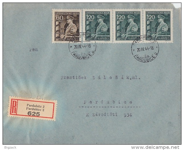 Böhmen Und Mähren R-Brief Mif Minr.136,3x 137 Pardubitz 20.4.44 FDC - Briefe U. Dokumente